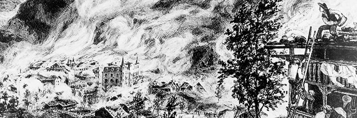 Image de l'incendie du village de Grindelwald en 1892.