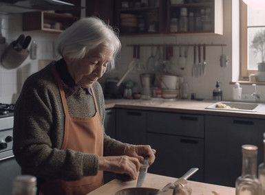 Eine ältere Frau arbeitet in der Küche