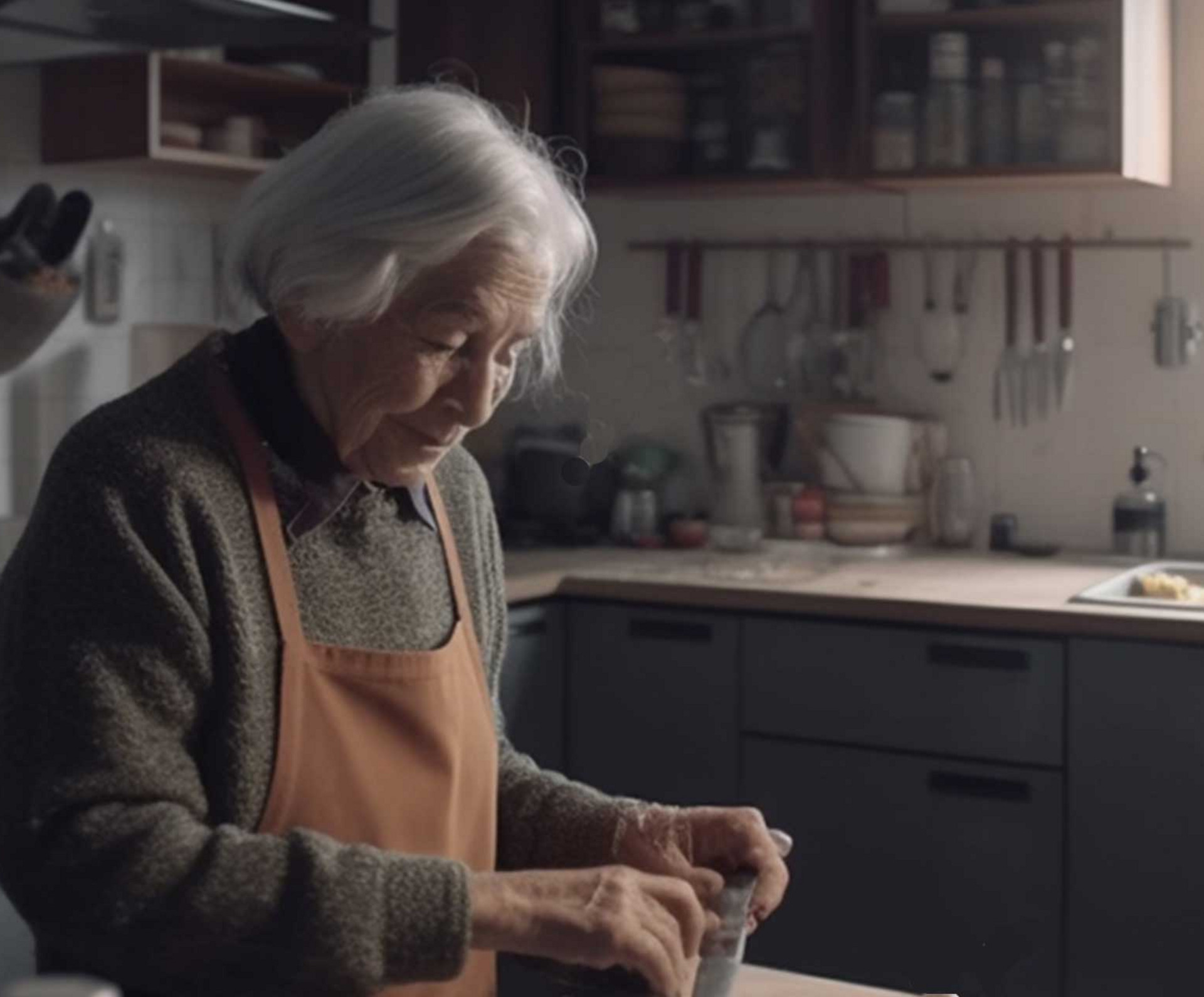 Eine alte Frau arbeitet in der Küche