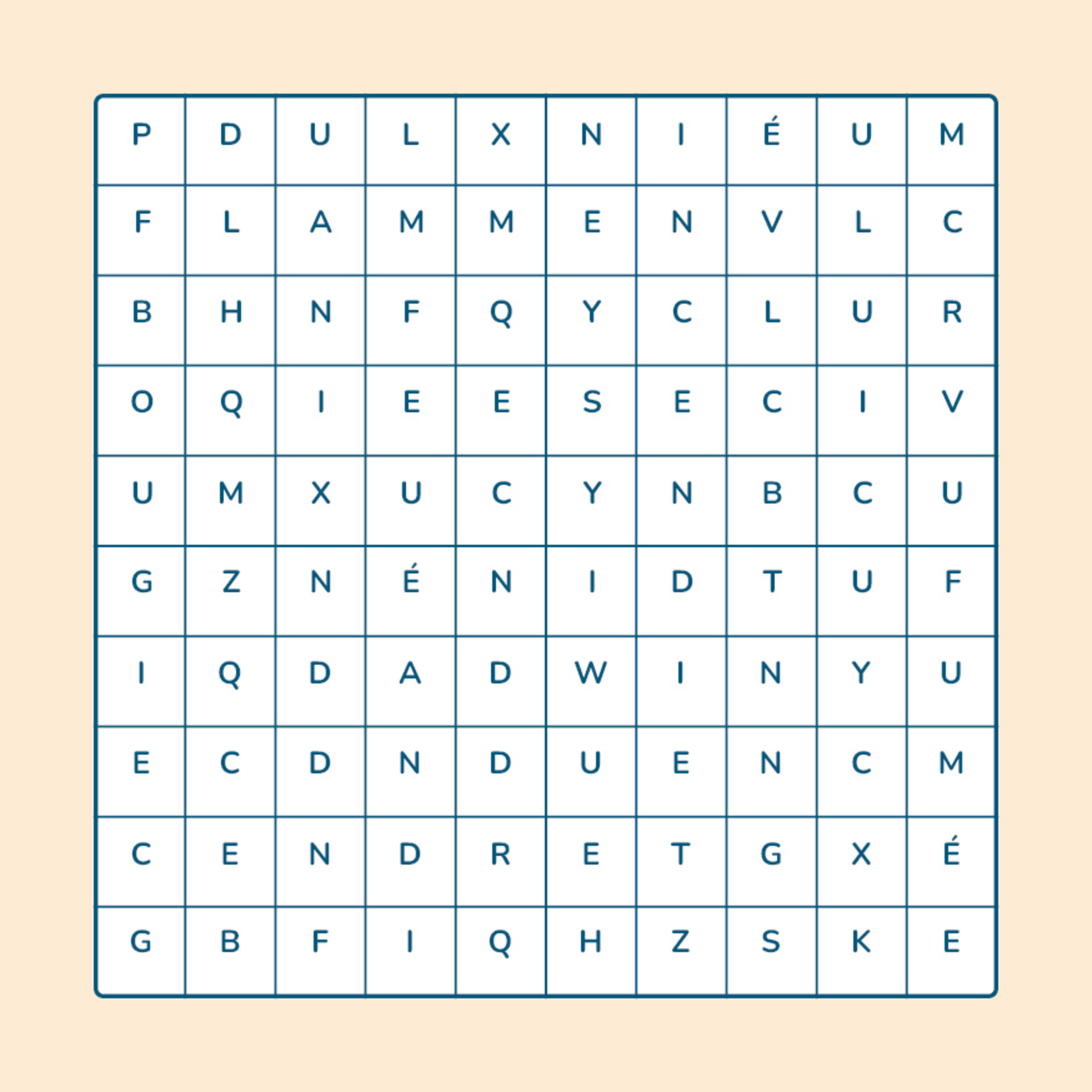 Six mots relatifs au feu sont cachés dans ce tableau