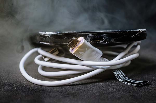Ein verbranntes Handy liegt auf einem defekten Ladekabel, das ebenso verbrannt ist.